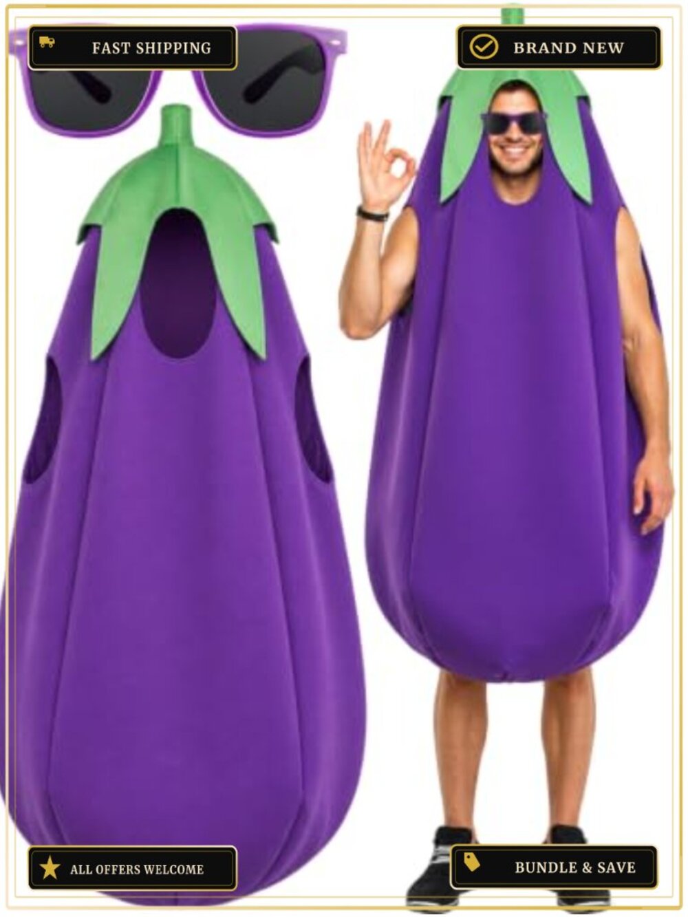 2 Pc Halloween Eggplant Costume Set with Glasses Funny Food Cosplay Adult
